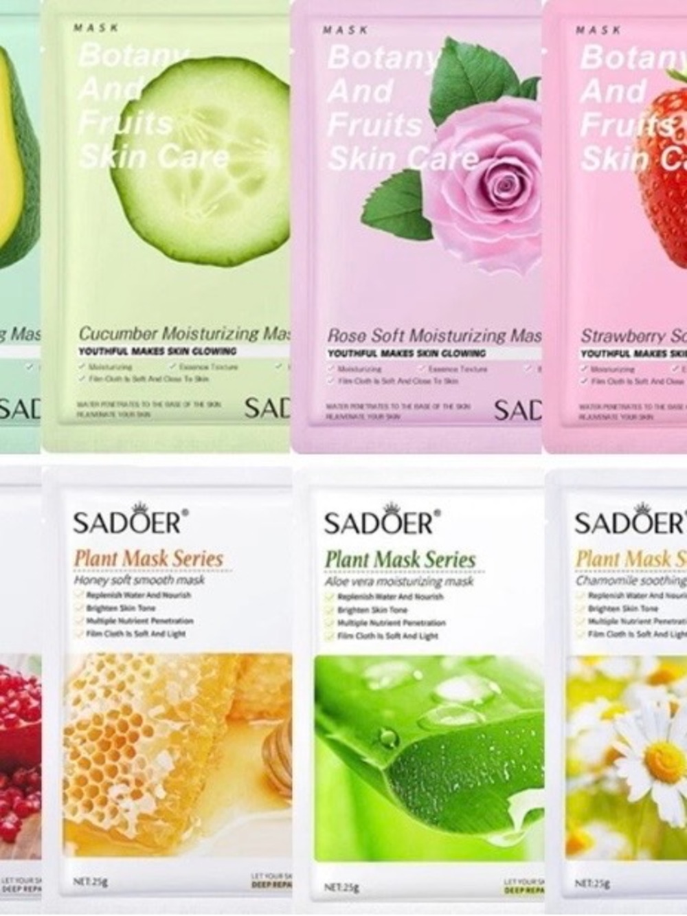 SADOER Plant Face Mask Sheet Skin Moisturising Hydrating Facial Mask 8 Pack